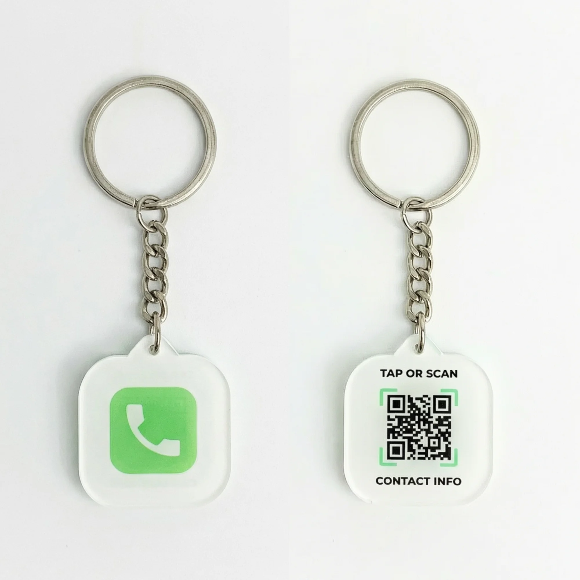 LessWorry NFC + QR safety keychain tag — square model, front and back view